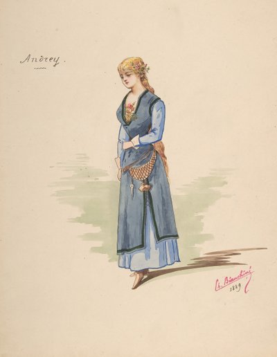 アンドレイの衣装デザイン[a]、付属品の説明シート[b]、1889年。 作： Charles Bianchini