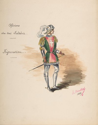 フレデリック公爵の将校のための衣装デザイン[a]、衣装の説明シート...、1889年。 作： Charles Bianchini