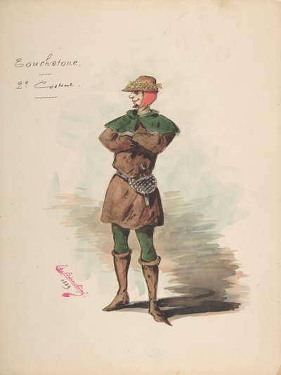 Touchstone [a]の衣装デザイン、衣装とアクセサリーの説明シート...、1889年. 作： Charles Bianchini