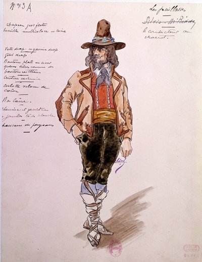 1892年のルッジェーロ・レオンカヴァッロ（1857-1919）のオペラ「パイレーツ」（パリアッチ、道化師）の馬車夫の衣装。チャールズ・ビアンキーニ（1860-1905）による水彩画 作： Charles Bianchini