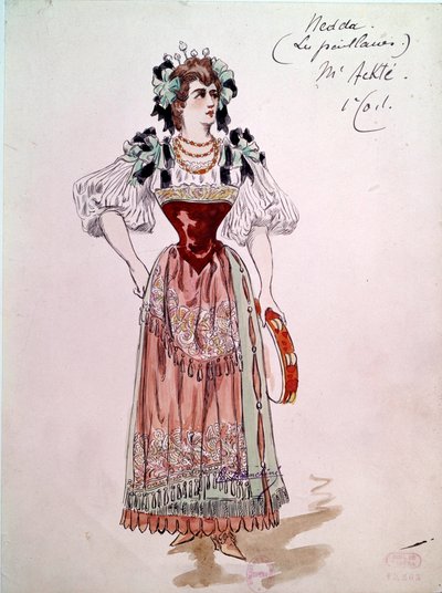 1892年、ルッジェーロ・レオンカヴァッロ（1857-1919）のオペラ「パイレーツ」（道化師）のネダまたはコロンビーヌの衣装。チャールズ・ビアンキーニ（1860-1905）による水彩画 作： Charles Bianchini