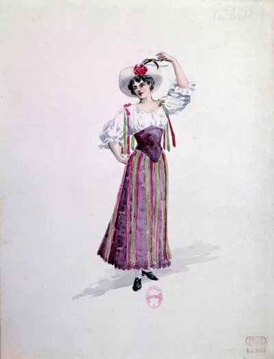 1892年、Ruggero Leoncavallo（1857-1919）作のオペラ「Paillasse」（de pagliacci、道化師）の若い女性の衣装（NeddaまたはColombine？チャールズ・ビアンキーニ（1860-1905）による水彩画 作： Charles Bianchini