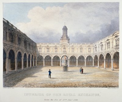 ロイヤル エクスチェンジの中庭、ロンドン市、1838 年。 作： Charles Bigot