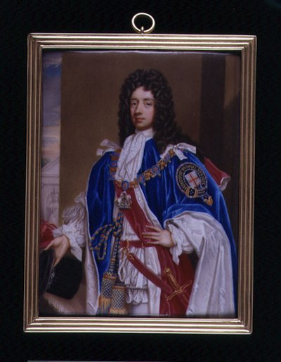 ガーターローブを着た第2代ラトランド公ジョン・マナーズ（1676-1721）のポートレート・ミニチュア、1715年頃（金属にエナメル塗装 作： Charles Boit