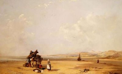 カーディガン湾のビーチで漁獲物を降ろす漁師たち 作： Charles Branwhite
