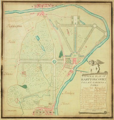 ハンプトンコート宮殿の庭園と公園の一般的な計画、c.1713（紙にペンとインク、トイレ） 作： Charles Bridgeman