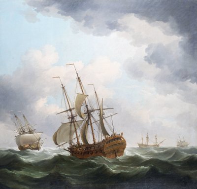 暴風に巻き込まれた東インド会社のイギリス貿易船。キャンバスに油彩 作： Charles Brooking
