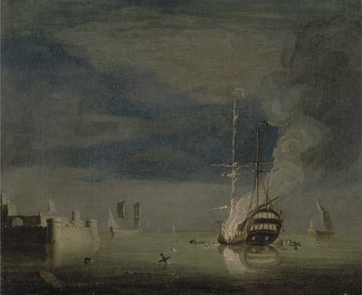 砦から離れた夜の二層船、1740年頃（帆布に油彩） 作： Charles Brooking