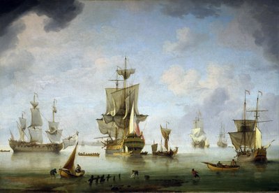 ワイト島とイングランドの間に広がるソレント海峡の停泊地。キャンバスに油彩 作： Charles Brooking