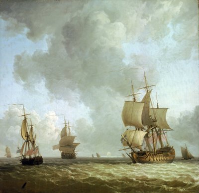 海風に吹かれるイギリス海軍の船。油彩・キャンバス、1750年頃、チャールズ・ブルッキング（1723-1759）作。 作： Charles Brooking