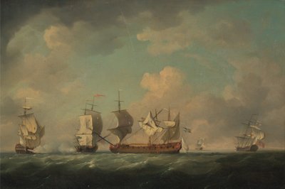 1745年から1755年の間にフランスの宝船、ダンタン艦隊とルイエラスメを捕獲 作： Charles Brooking