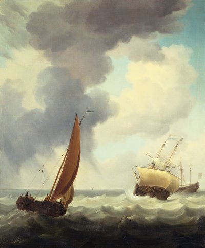 オランダの商船と荒れた海の沿岸貿易業者（キャンバスに油彩） 作： Charles Brooking