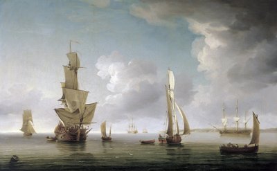 テムズ河口の航海（イギリス）、多種多様な船とイギリス海岸の描写。キャンバスに油彩 作： Charles Brooking