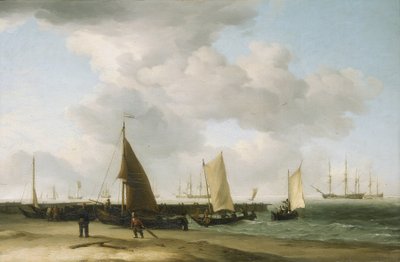 海岸の風景、水平線に戦争の建物。キャンバスに油彩 作： Charles Brooking