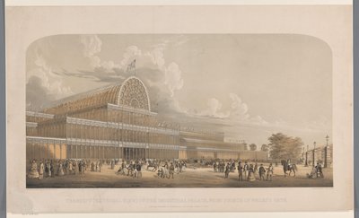 Gezicht op het Crystal Palace プリンス オブ ウェールズ ゲート (オブジェクトのタイトル) から見た産業宮殿のトランセプト (外観) 作： Charles Burton