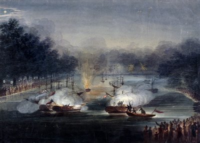 1814年、ロンドンのハイドパーク、サーペンタイン川での見せかけの戦いの眺め 作： Charles Calvert