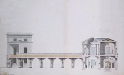 ツァールスコエセローの瑪瑙パビリオンとハンギングガーデンの断面、1780年頃（紙にトイレとペンとインク） 作： Charles Cameron