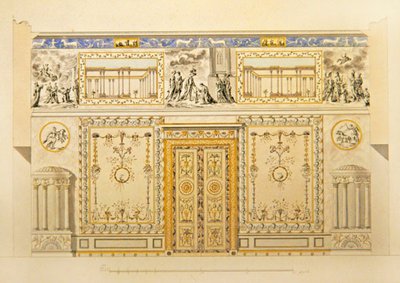 ツァールスコエ・セーロのエカテリーナ宮殿、リヨン画室、戸口壁の立面図 1780年代前半（紙にペン、筆、墨、水彩） 作： Charles Cameron