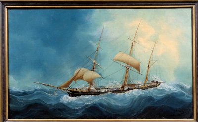 飛行中の 3 マットのヨット シャルル・シェリ・デュブレイユ (Cheri-Dubreuil) (1828-1880) による絵画 1865 年 - フェカン。 Musee Des Terre Neuvas - 逃げる 3 本マストの船。 シャルル・デュブレイユの絵画（19世紀） 作： Charles Cheri Dubreuil
