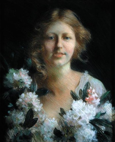 花を持つ女性の肖像 作： Charles Courtney Curran