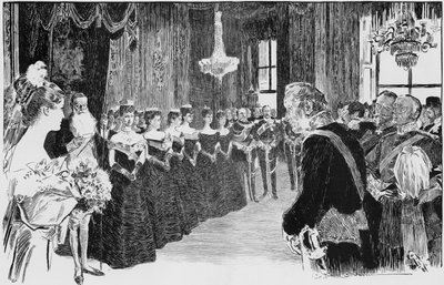 女王の応接室でのシーンである、デビュタンテの王族の最初の垣間 作： Charles Dana Gibson