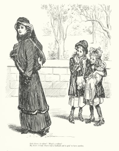 妹よ：未亡人？未亡人って何？お姉ちゃん：ご主人がいて、また次のご主人を持つ予定の女性のことです。 作： Charles Dana Gibson