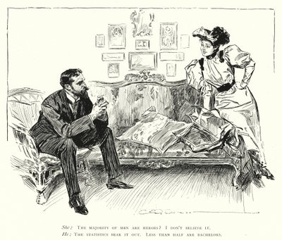 男性はヒーロー、独身者は半分以下（リトグラフ 作： Charles Dana Gibson