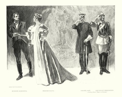 ルドルフ・ラッセンディル、フラヴィア王女、サプト大佐、ベルネンシュタイン中尉（リトグラフ） 作： Charles Dana Gibson