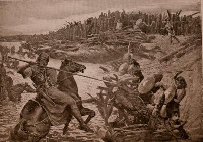 シーザーはテムズ川を渡る、「ハッチンソンのイギリス国民の物語」、1920年頃のイラスト 作： Charles Daniel Ward