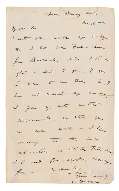 サイン入りの手紙 作： Charles Darwin