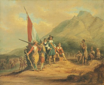 1652年4月、ヤン・ファン・リーベックらの喜望峰への到着 作： Charles Davidson Bell