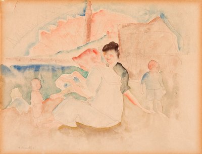 無題 (浜辺の女性2人と子供3人) 作： Charles Demuth