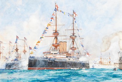 1897年、スピットヘッドでのダイヤモンド・ジュビリー・フリート・レビューでのHMSマジェスティック号 作： チャールズ・ディクソン