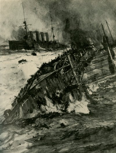 HMSアブキルの沈没、第一次世界大戦、1914年9月22日、c1920。 作： Charles Dixon