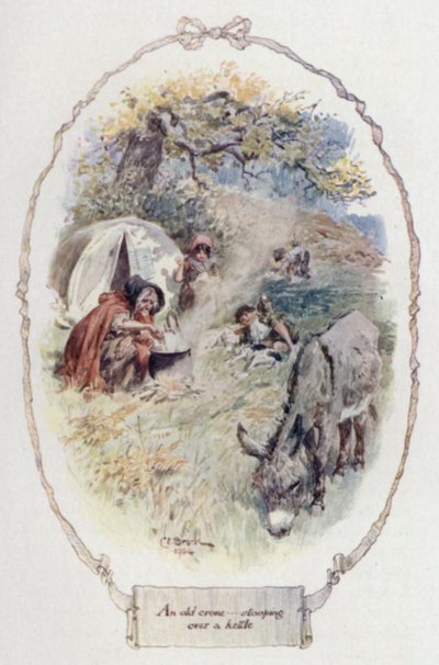 やかんを持つ老婆の姿（カラーリトグラフ 作： Charles Edmund Brock