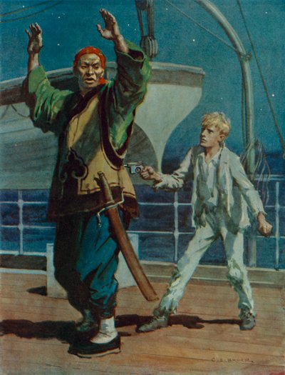 中国の海賊に銃を突きつけられた少年（『海賊ハイピン』の一場面）（カラーリトグラフ 作： Charles Edmund Brock