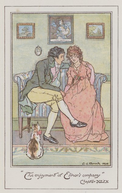 ジェーン・オースティンの「Sense and Sensibility」のイラスト（カラーリトグラフ）。 作： Charles Edmund Brock
