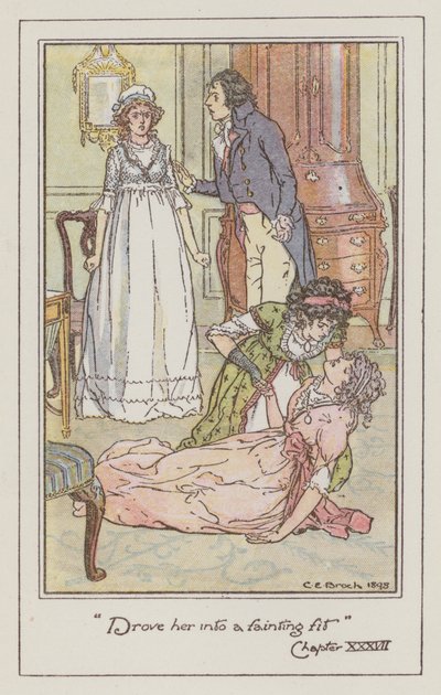 ジェーン・オースティンの「Sense and Sensibility」のイラスト（カラーリトグラフ）。 作： Charles Edmund Brock