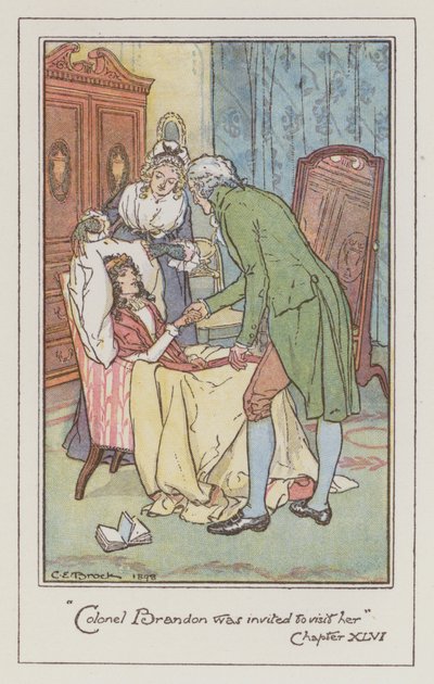ジェーン・オースティンの「Sense and Sensibility」のイラスト（カラーリトグラフ）。 作： Charles Edmund Brock