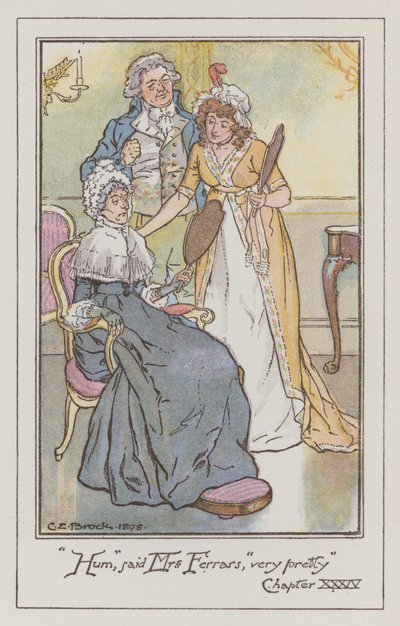 ジェーン・オースティンの「Sense and Sensibility」のイラスト（カラーリトグラフ）。 作： Charles Edmund Brock