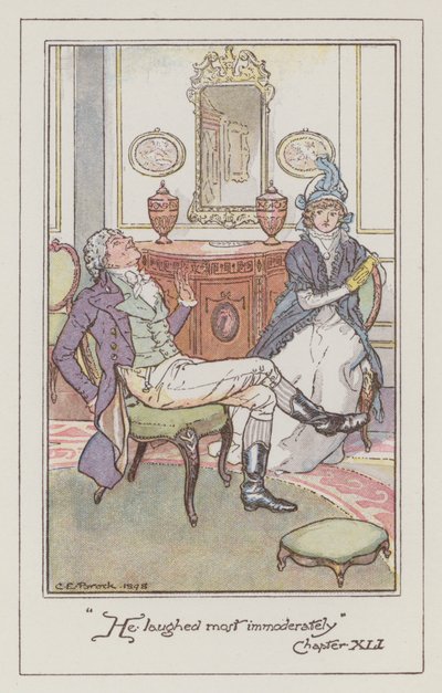 ジェーン・オースティンの「Sense and Sensibility」のイラスト（カラーリトグラフ）。 作： Charles Edmund Brock