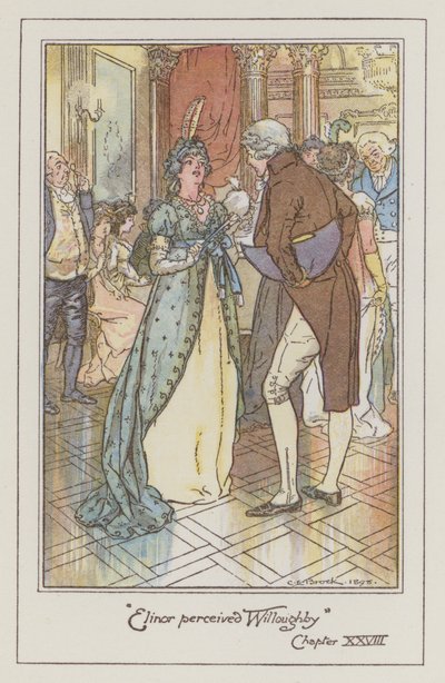 ジェーン・オースティンの「Sense and Sensibility」のイラスト（カラーリトグラフ）。 作： Charles Edmund Brock