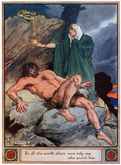 「すべての世界で彼を哀悼したのは1人だけ」、イラストは「アスガルドの英雄、スカンジナビアの神話の物語」、1930年のA und E Kearyによる 作： Charles Edmund Brock