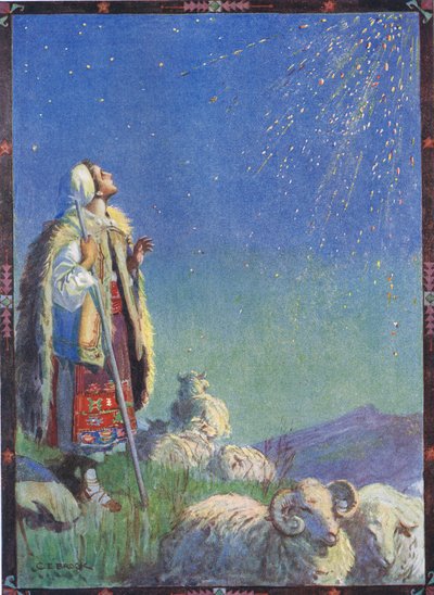 それは火花のシャワーとして降りました、モーゼス・ガスター（1856-1939）1921年の「ルーマニアの伝説の子供たちの物語」の「ホタルの物語」の場面 作： Charles Edmund Brock