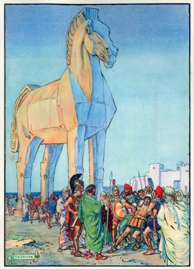 「子どもの時間：古典からの物語」のトロイの木馬、ウェイバリーブックカンパニー 作： Charles Edmund Brock