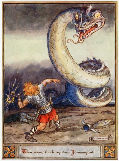 1930年、アンウントキーリー作「トールヨルムンガンドに対抗」、「アスガルドの英雄、スカンジナビア神話の物語」のイラスト 作： Charles Edmund Brock