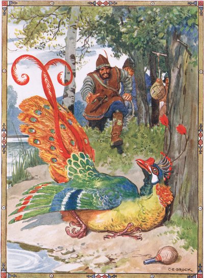 彼が飛ぶことを試みたとき、彼は翼が重すぎることに気づきました。MosesGaster（1856-1939）1921によるルーマニアの伝説の子供たちの物語の「花の騎士」のシーン 作： Charles Edmund Brock