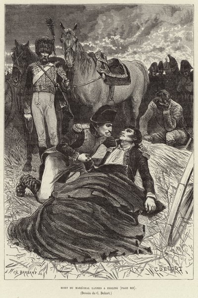 Mort du Marechal Lannes a Essling：オーストリア、アスペルン・エスリングの戦いでのナポレオンと瀕死のランネス元帥の戦い。 作： Charles Edouard Delort