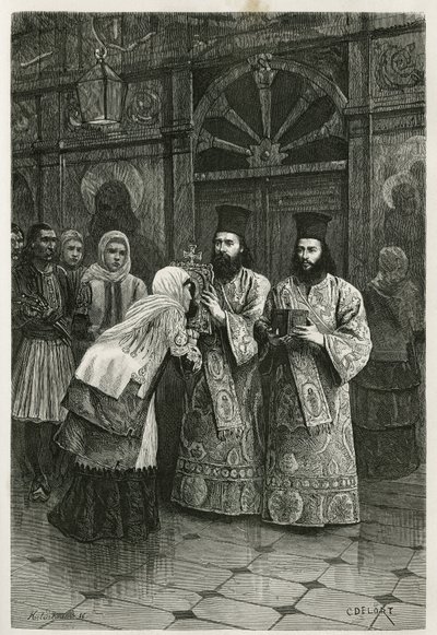 Pritres donnant a baiser les images saintes、Ch.Delortのエングレーヴィング。1861年、1868年、1874年にギリシャを訪れたアンリベルの航海を描いたもので、エドゥアール・シャルトンの指導の下、『tour du monde』に掲載された。 作： Charles Edouard Delort