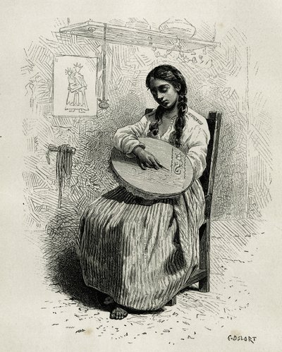 E.アンドレの「春分の日のアメリカ」の物語を説明するためのCh.Delortによるエドゥアール・シャルトの指揮のもと、フランス政府の任務として「Tour du monde」誌に掲載された刺繍職人。 作： Charles Edouard Delort